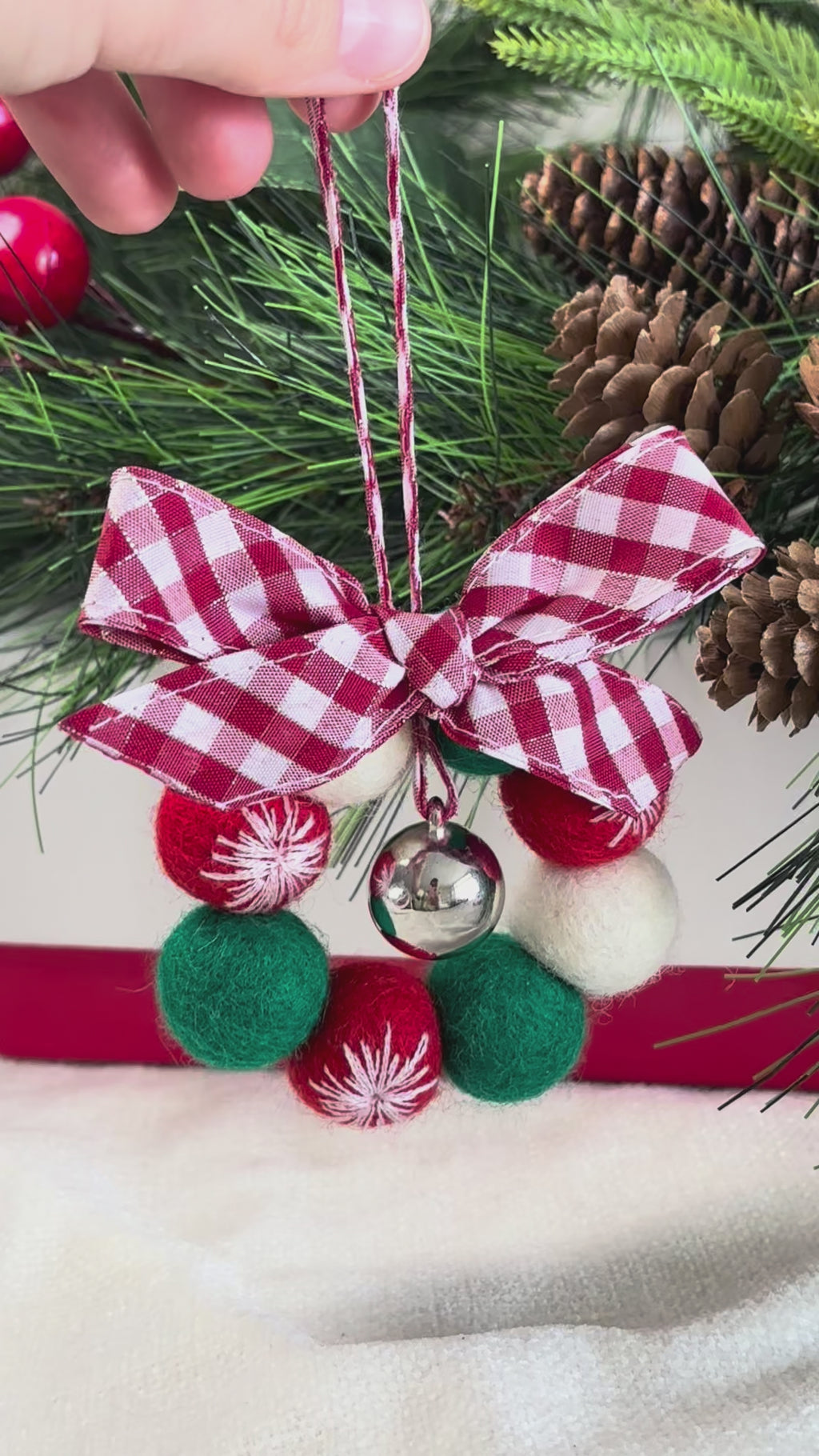 Handmade Wool Christmas Ornament with Red Gingham Bow