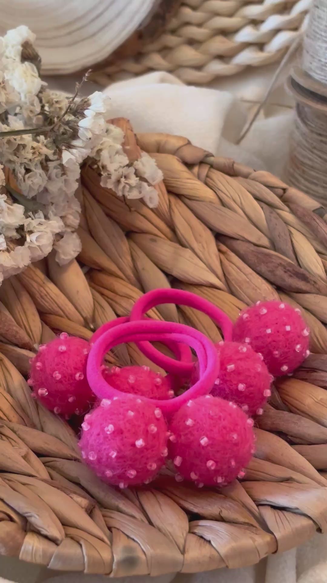 Magenta Pom Pom Hair Ties, Set of 2, with Pink Beads