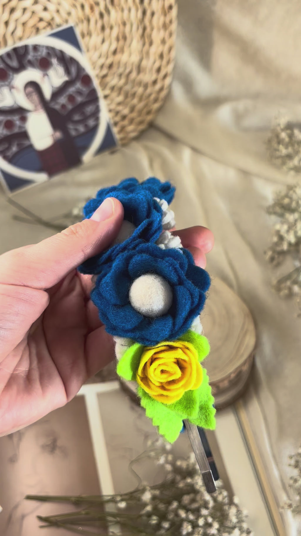 Handmade Girls Side Rose Hair Band - Blue & Yellow