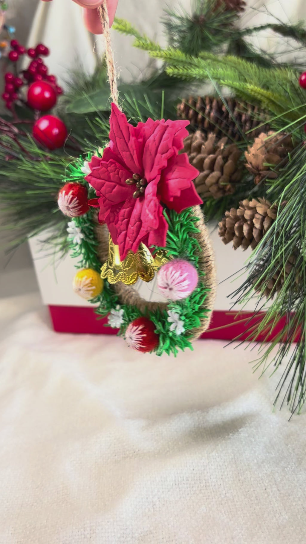 Handmade Christmas Wreath Ornament with Red Poinsettia and Golden Bell