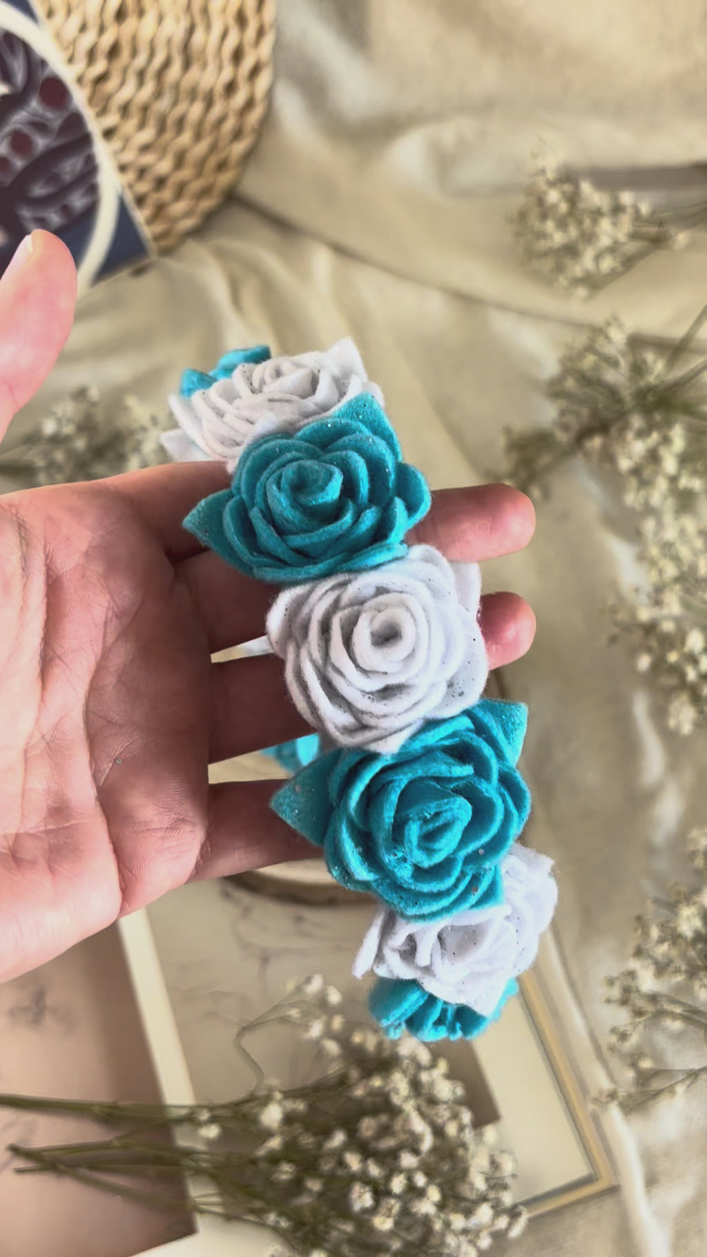 Handmade Girls Rose Hair Band - Sky Blue & White