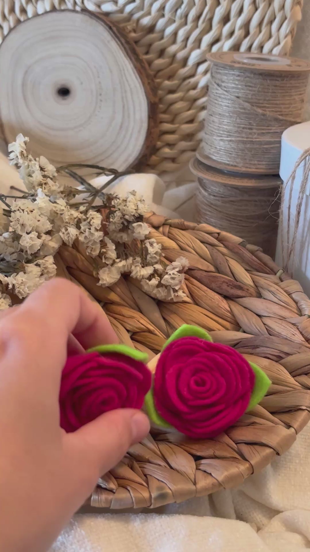 Hot Pink Felt Rose Hair Ties, Set of 2, with Green Leaves