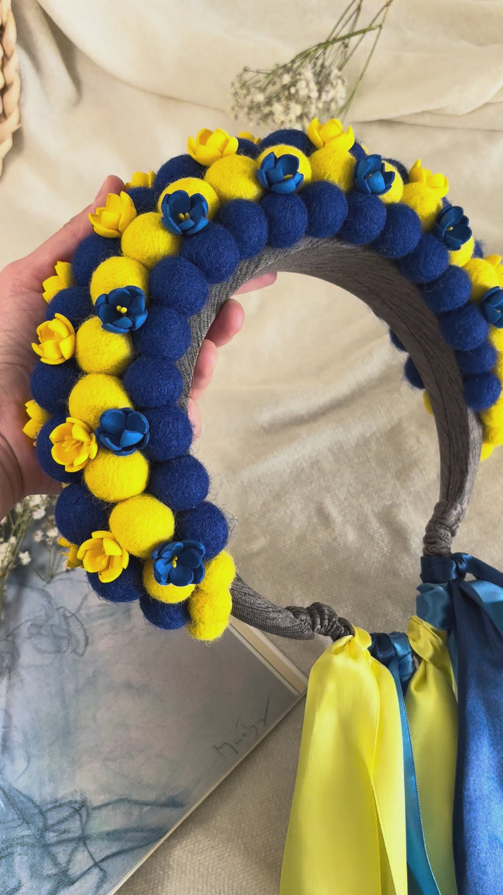Blue and Yellow Wool Ball Flower Crown with Satin Ribbons
