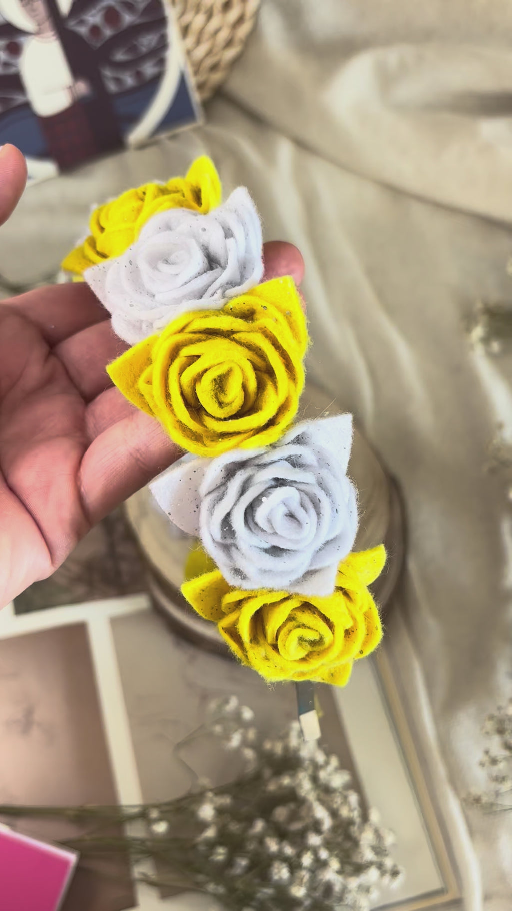 Handmade Girls Rose Hair Band - Yellow & White