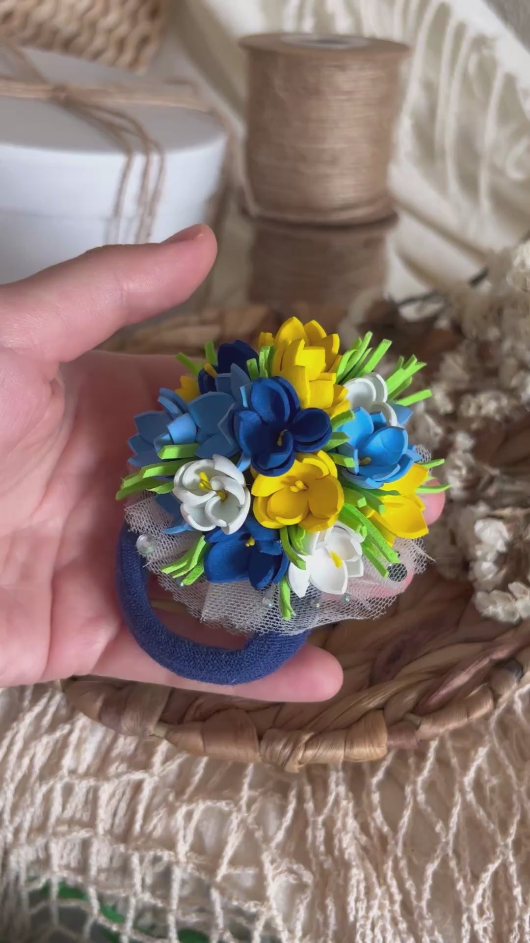 Floral Hair Tie Set of 2 - Blue Yellow White Foam Flowers