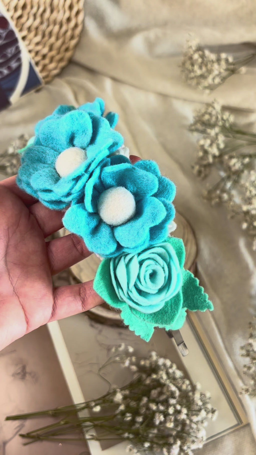 Handmade Girls Side Flower Hair Band - Sky Blue & White