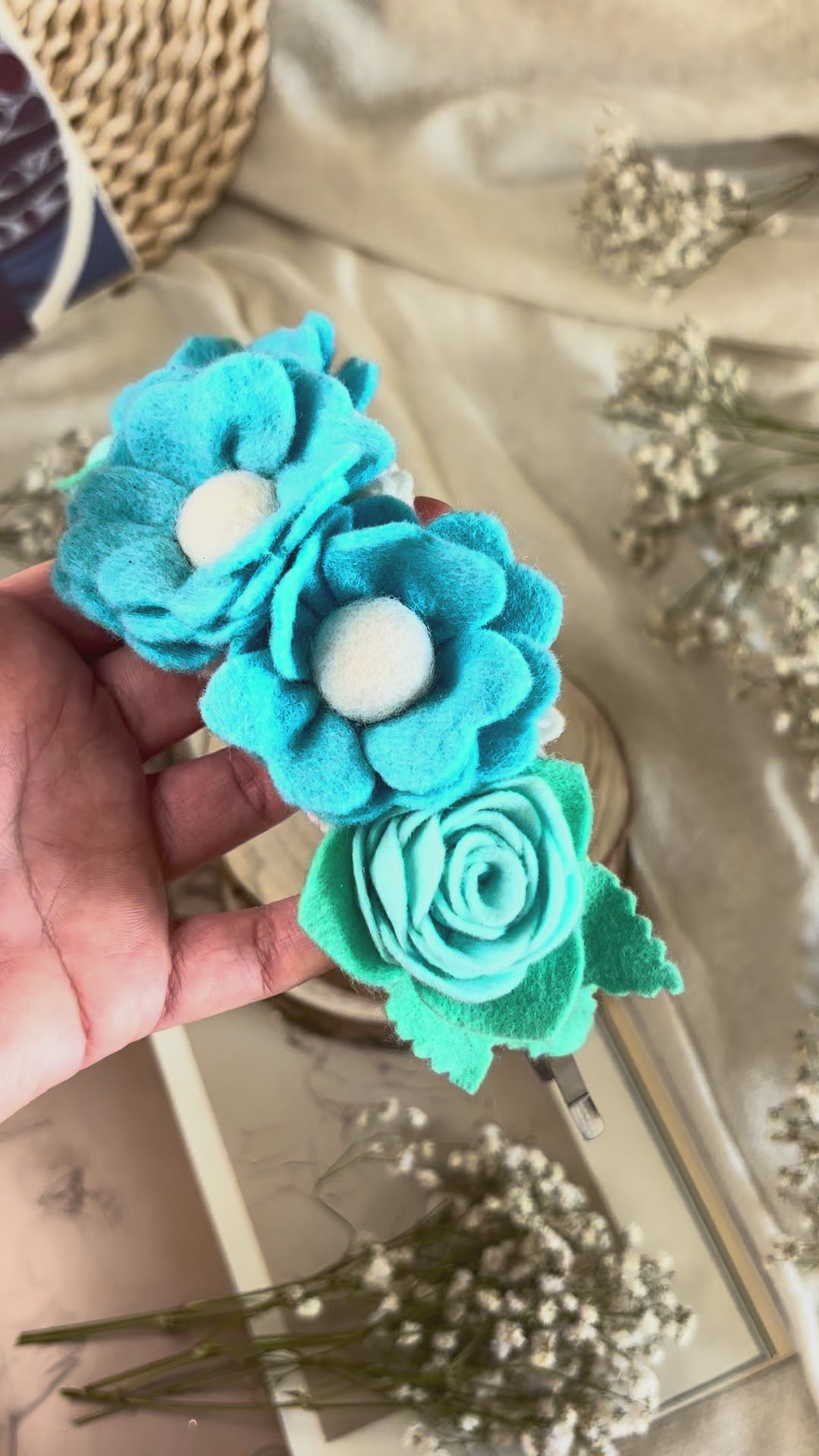 Handmade Girls Side Flower Hair Band - Sky Blue & White