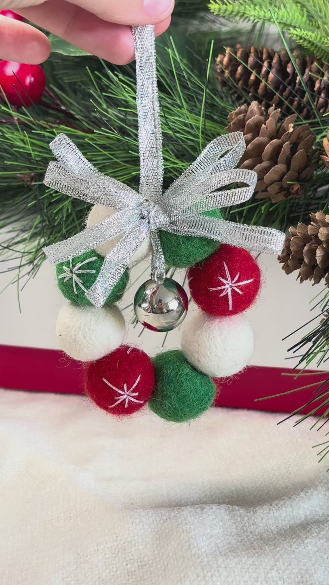 Handmade Wool Christmas Ornament with Silver Ribbon Bow