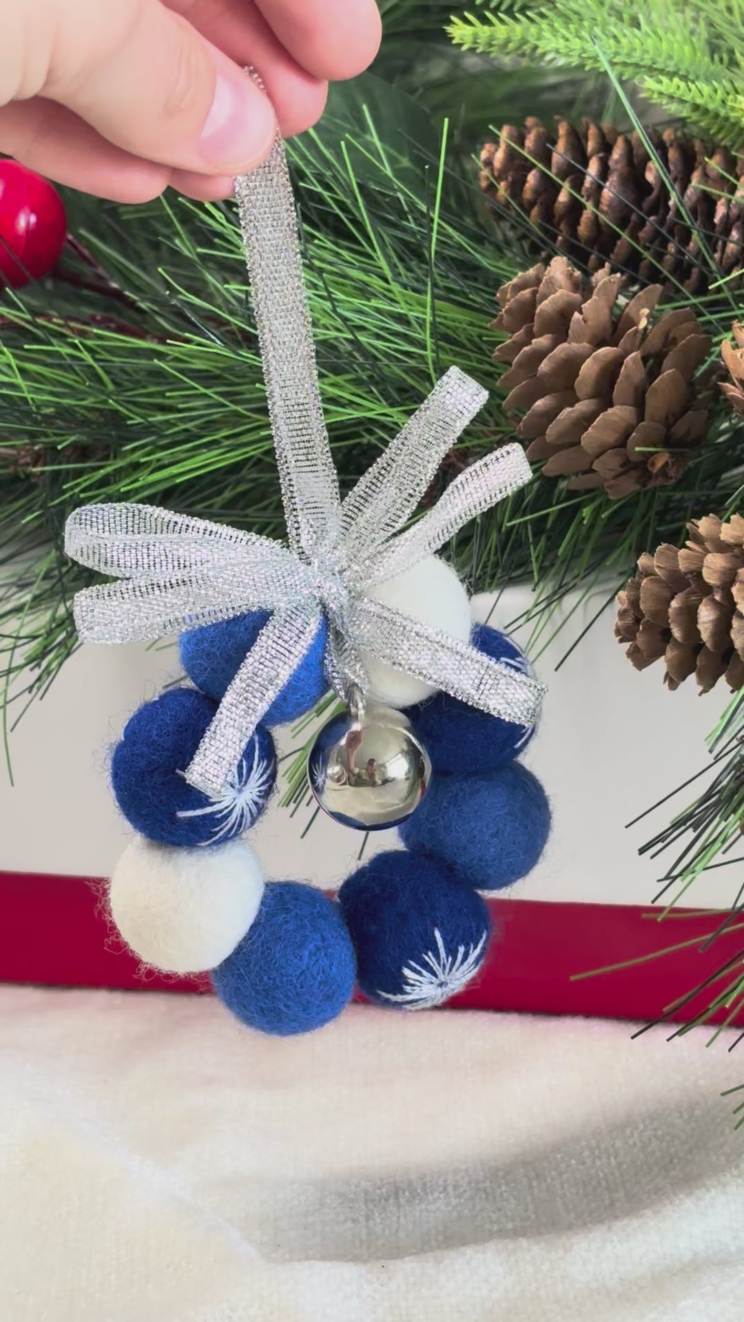 Handmade Wool Christmas Ornament with Blue and Silver Ribbon