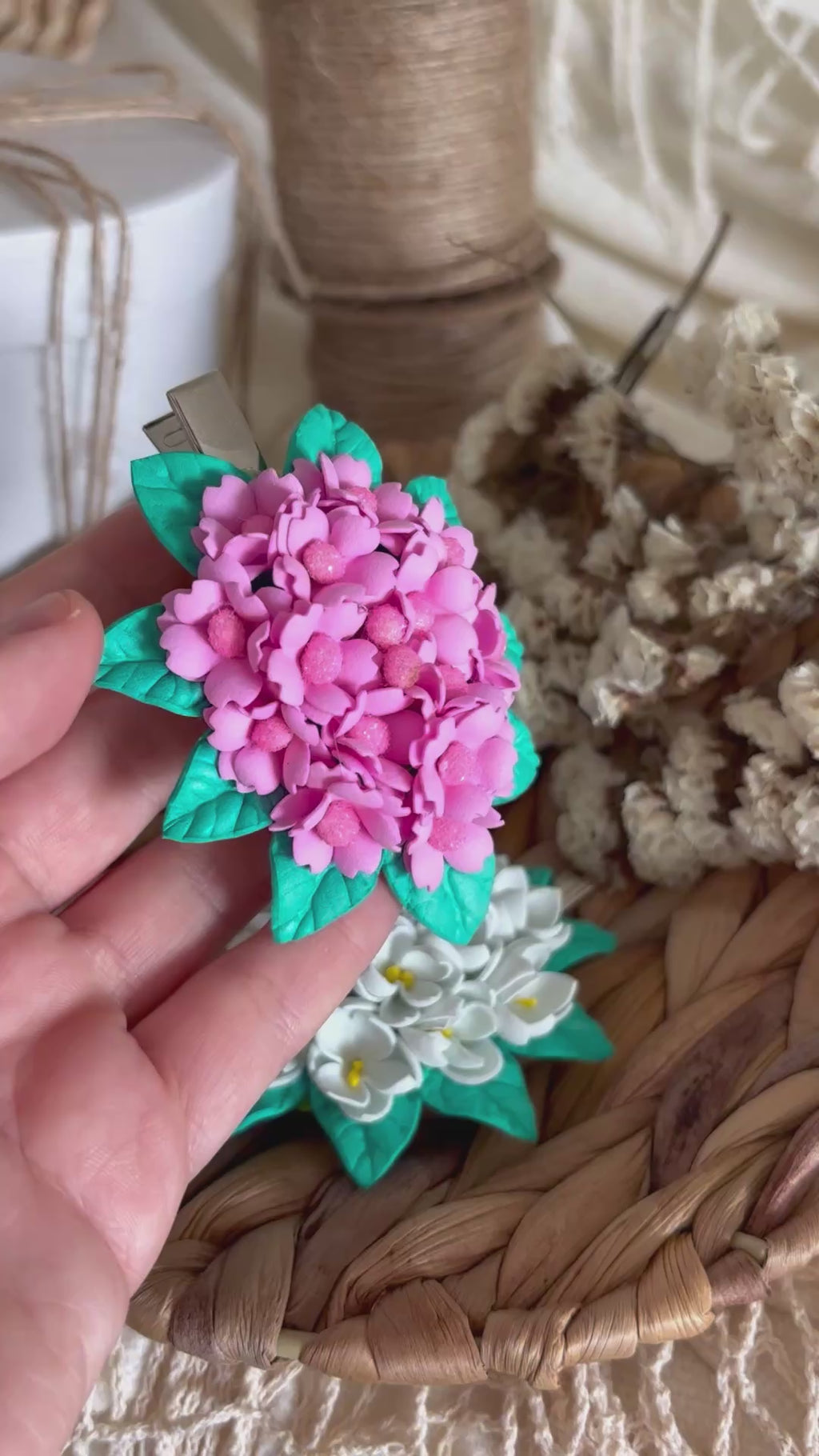 Flower Hair Clips Set of 2 - Pink & White Foam Flowers with Turquoise Leaves