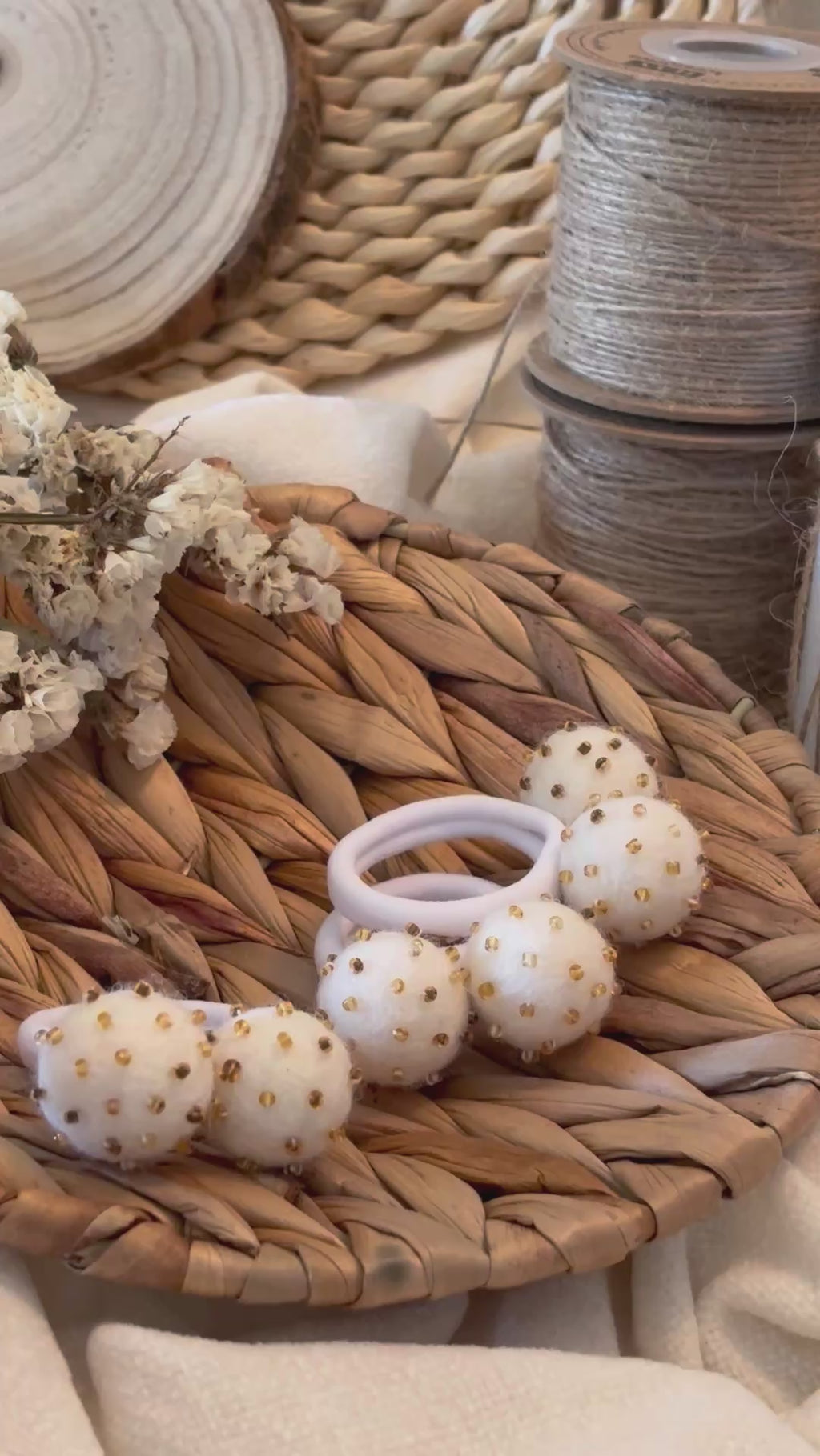 White Pom Pom Hair Ties, Set of 2, with Gold Beads