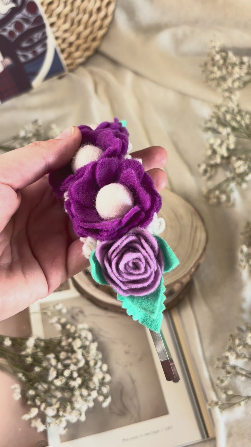 Handmade Girls Side Flower Hair Band - Purple & Turquoise