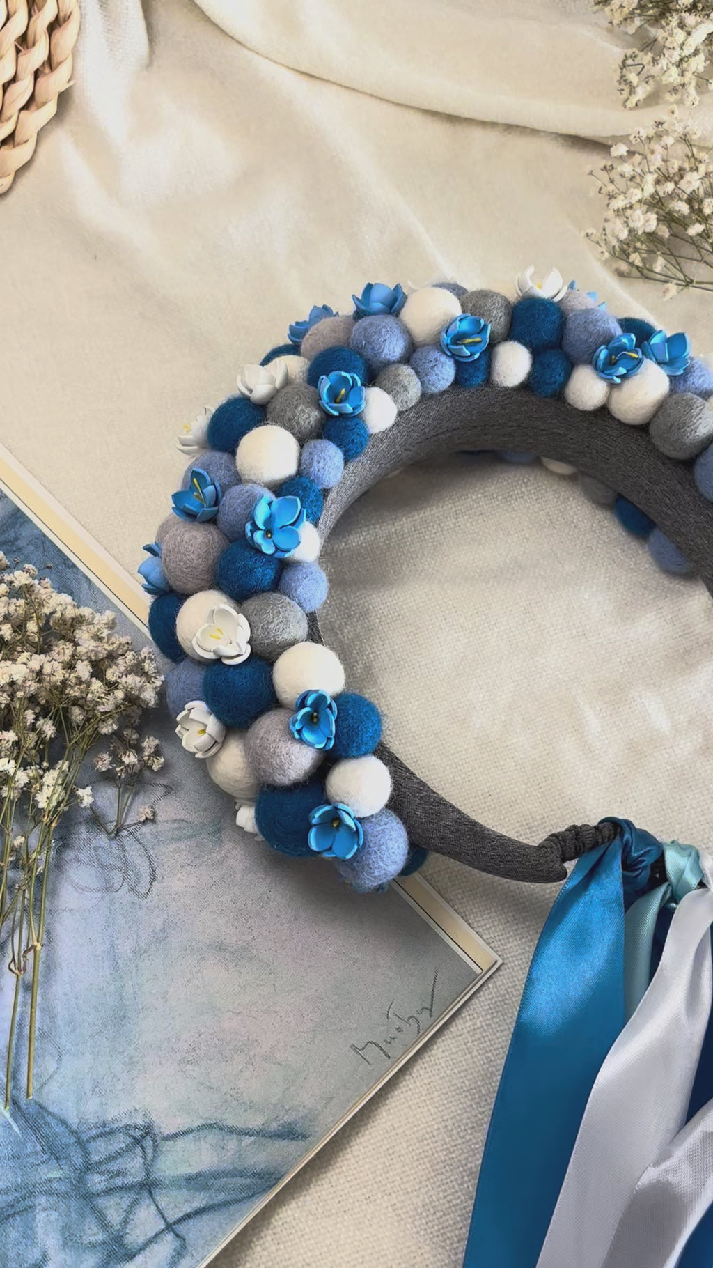 Blue and Grey Wool Ball Flower Crown with Satin Ribbons