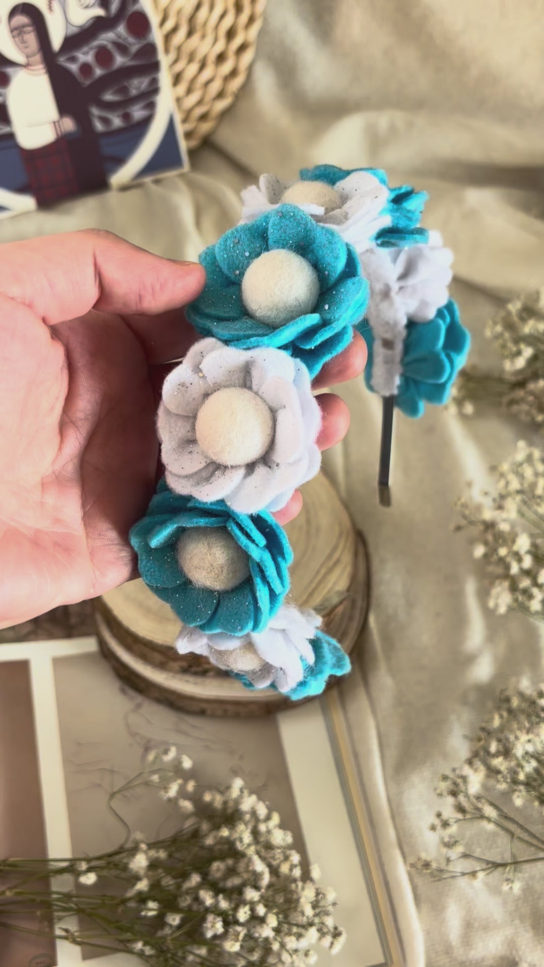 Handmade Girls Floral Hair Band - Sky Blue & White