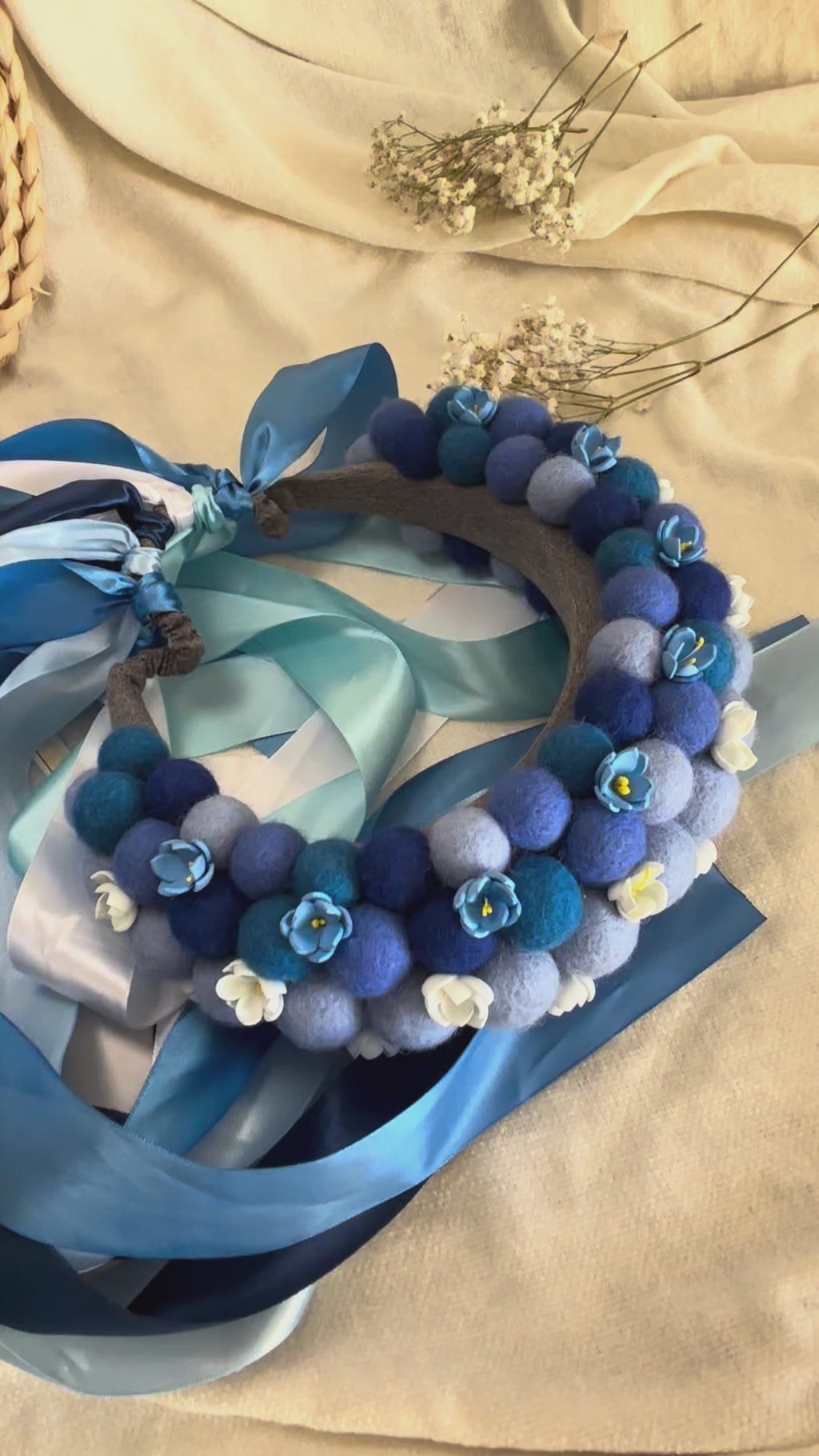 Sky Blue Wool Ball Flower Crown with Satin Ribbons