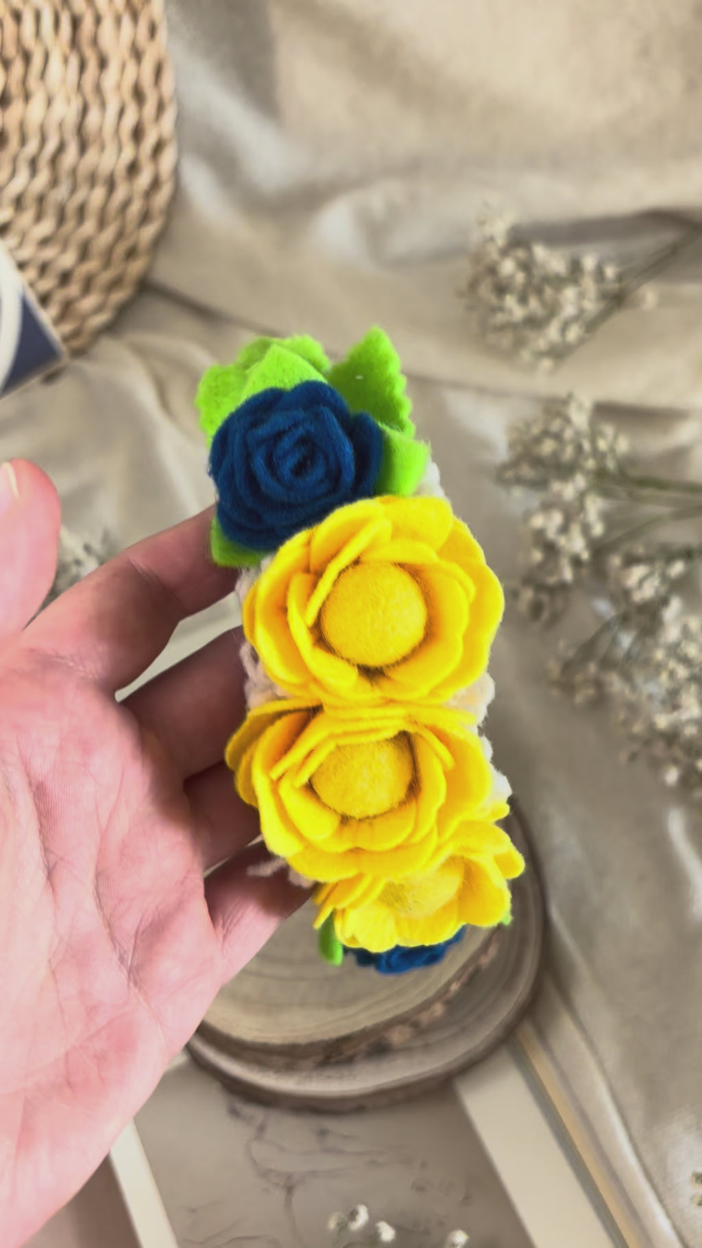 Handmade Girls Side Rose Hair Band - Yellow, Blue & Green