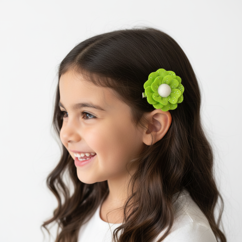 Lime Green Flower Hair Clips Set of 6 - Foam Flowers with Sparkle