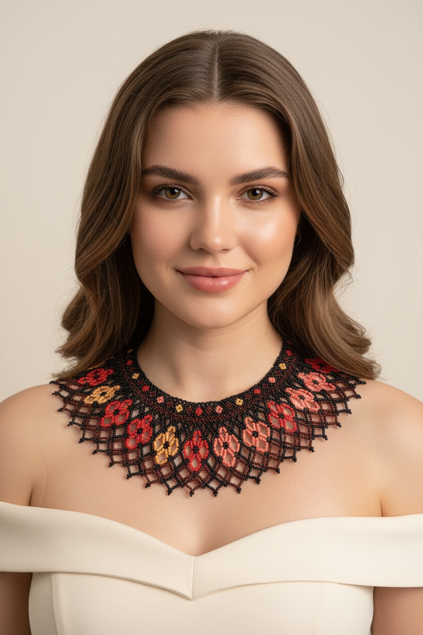Black Beaded Collar Necklace with Autumn Floral Pattern