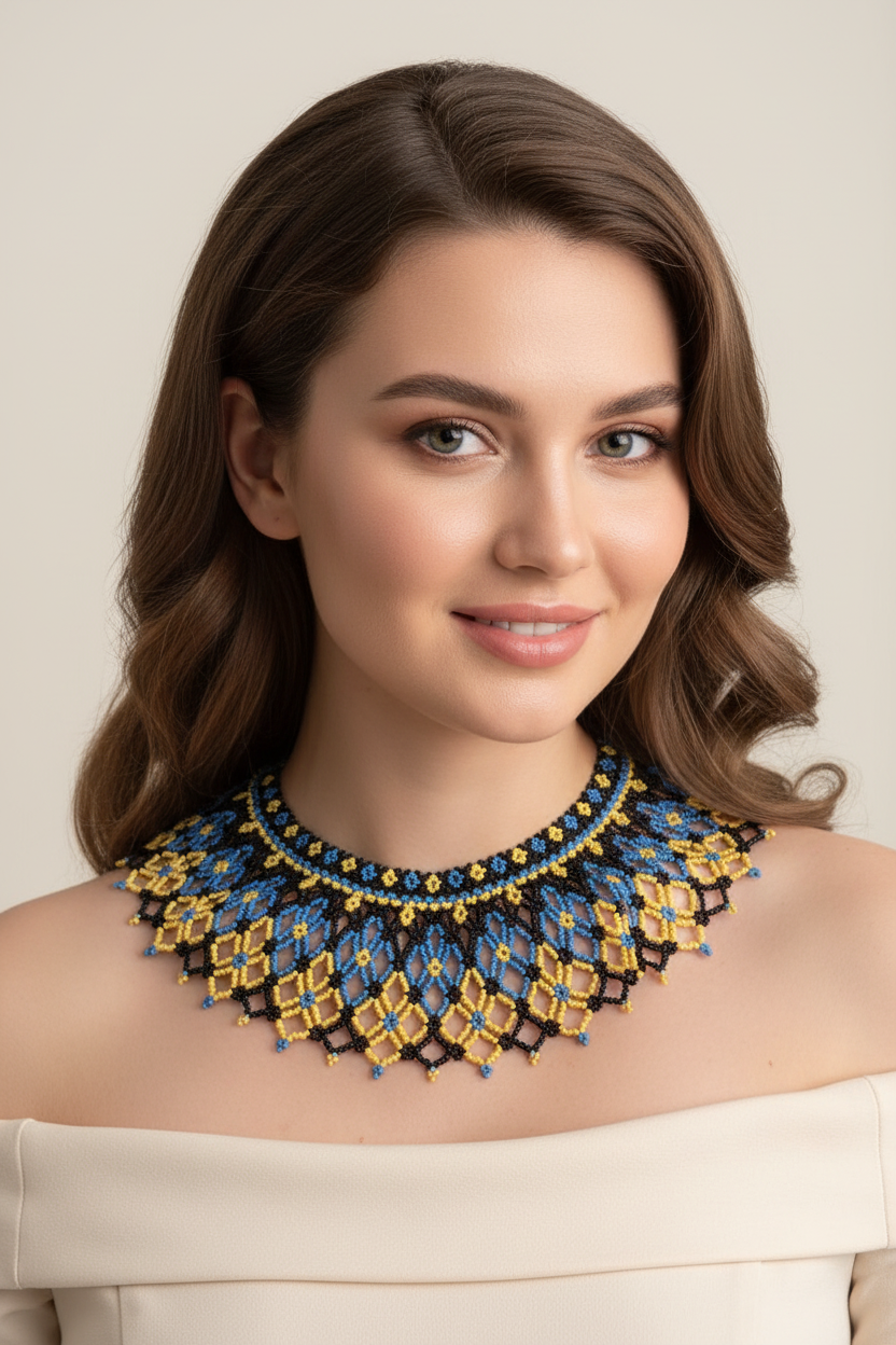 Blue & Yellow Geometric Fringe Collar
