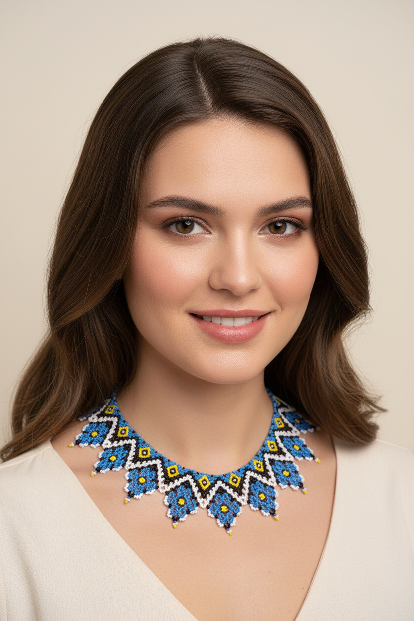Blue Geometric Beaded Collar Necklace