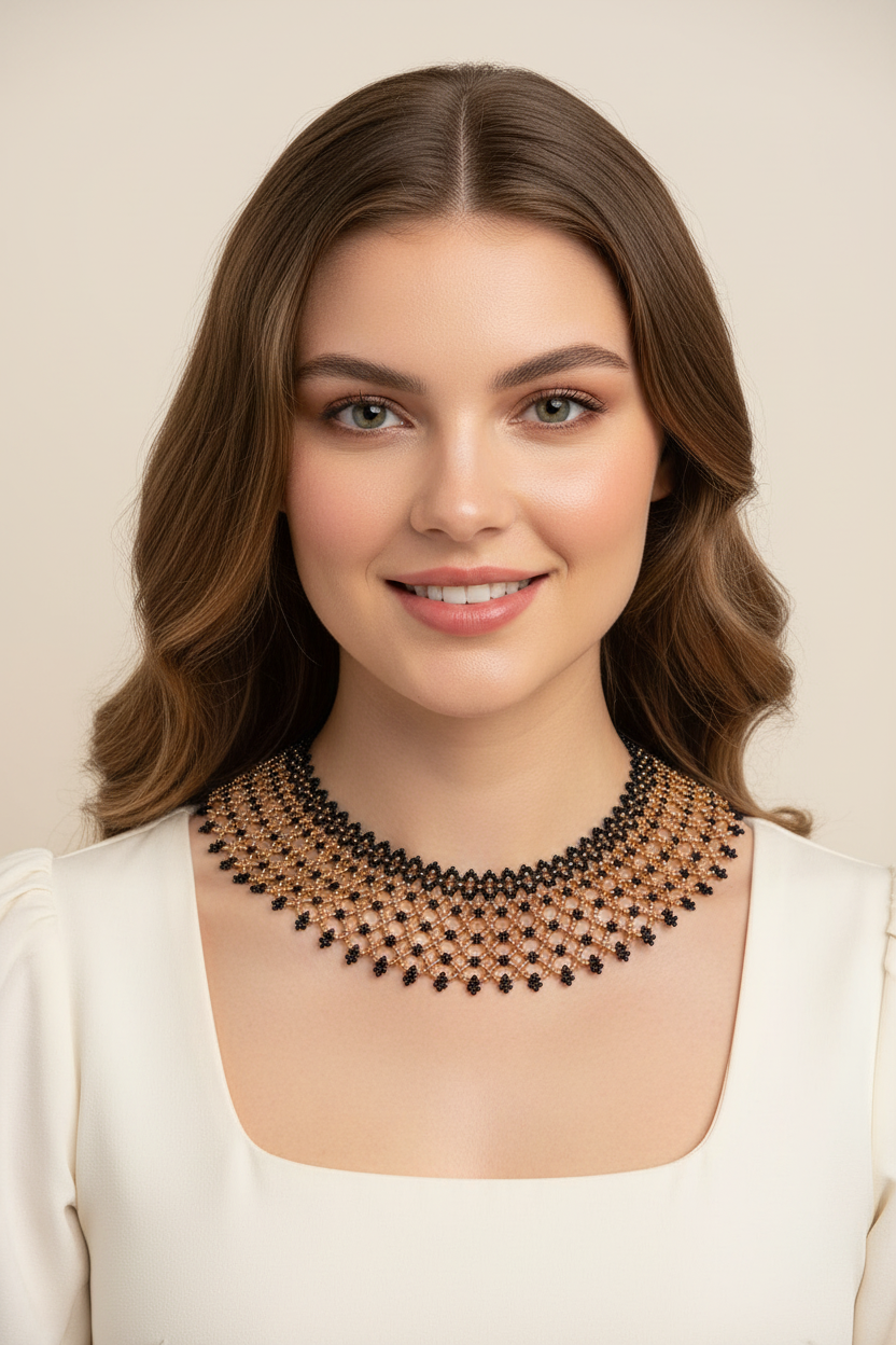 Gold and Black Beaded Mesh Collar Necklace