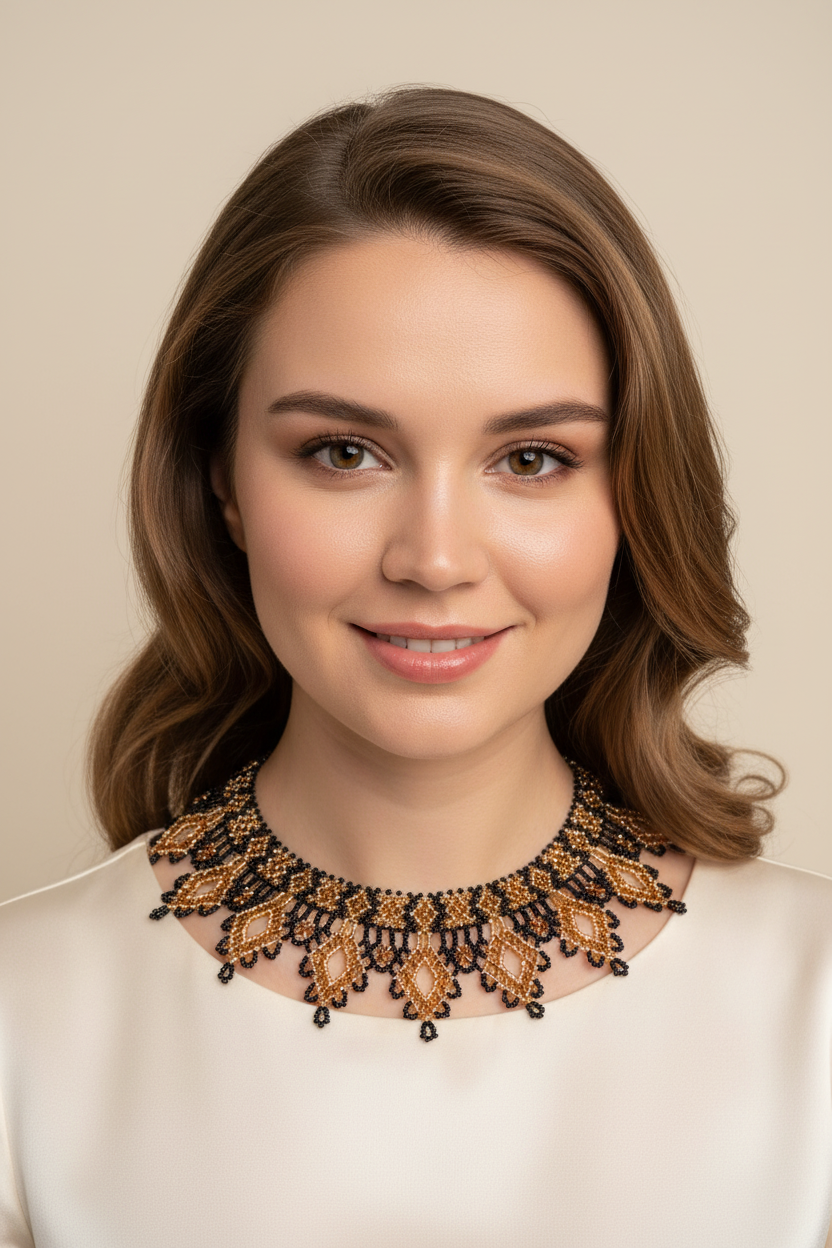 Gold and Black Beaded Collar Necklace with Lace Pattern