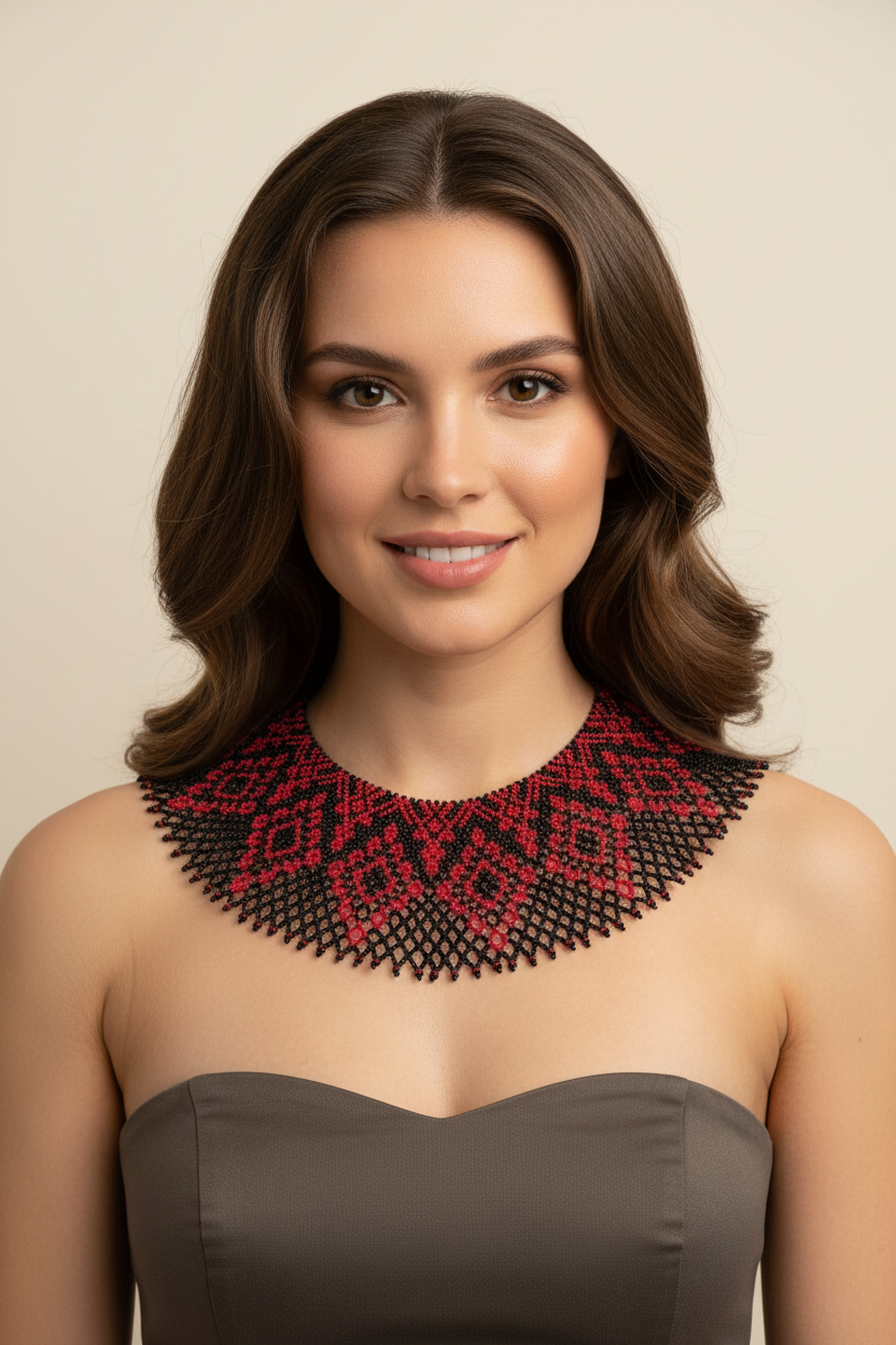 Black and Red Beaded Collar Necklace with Geometric Pattern