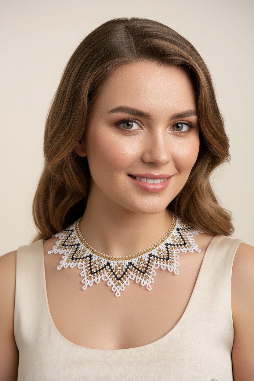 White and gold Beaded Collar Necklace with Geometric Pattern